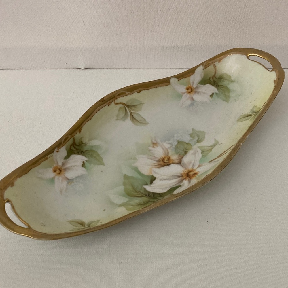 VTG RS Germany Ceramic floral Dish 1865 to 1956 gold trim handles